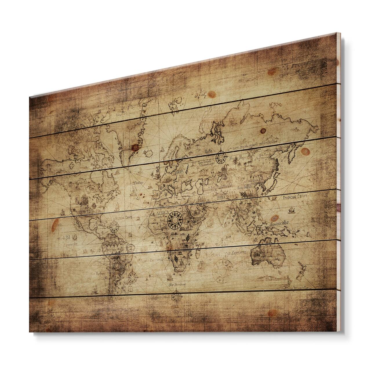 Designart - Ancient Map of The World IV - Vintage Print on Natural Pine Wood